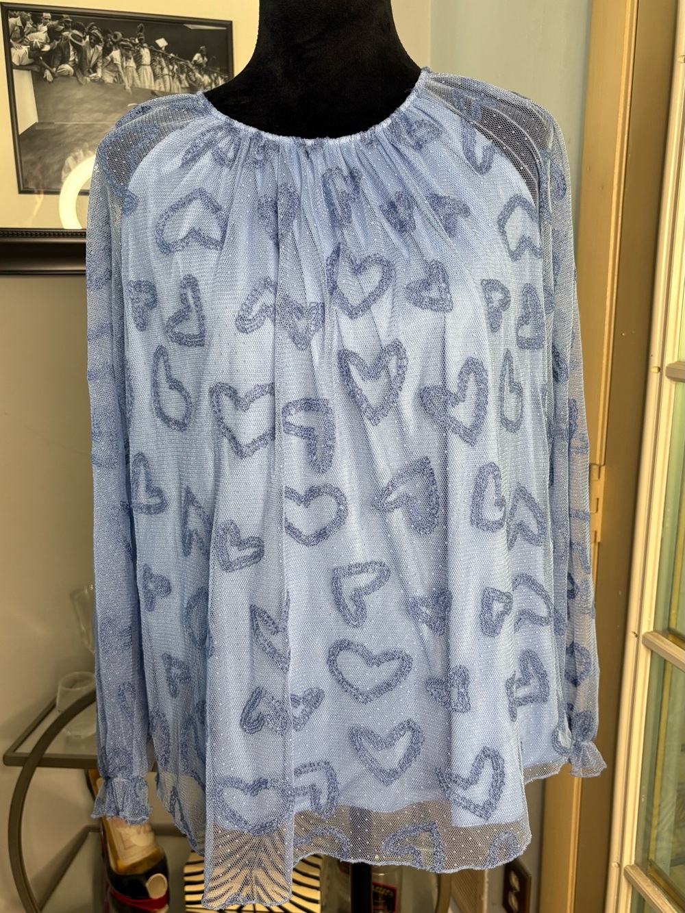 Johnny Was Light Blue Sheer Heart-Print Blouse with Sparkle